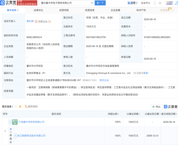 多多策略  明牌珠宝在重庆新设电商公司